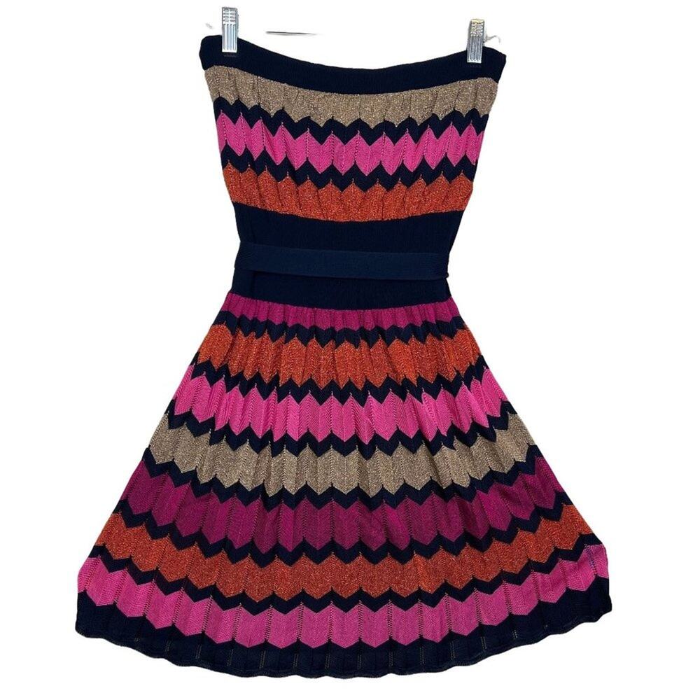 Laundry by Shelli Segal Acordion Pleats Strapless Belted Dress Chevron Size S